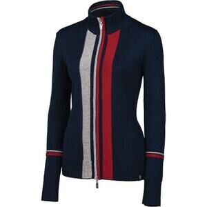 NWOT NEVE Sweater XS Blue-Red Merino Wool Ski Striped Full Zip Mock Neck “Kara”
